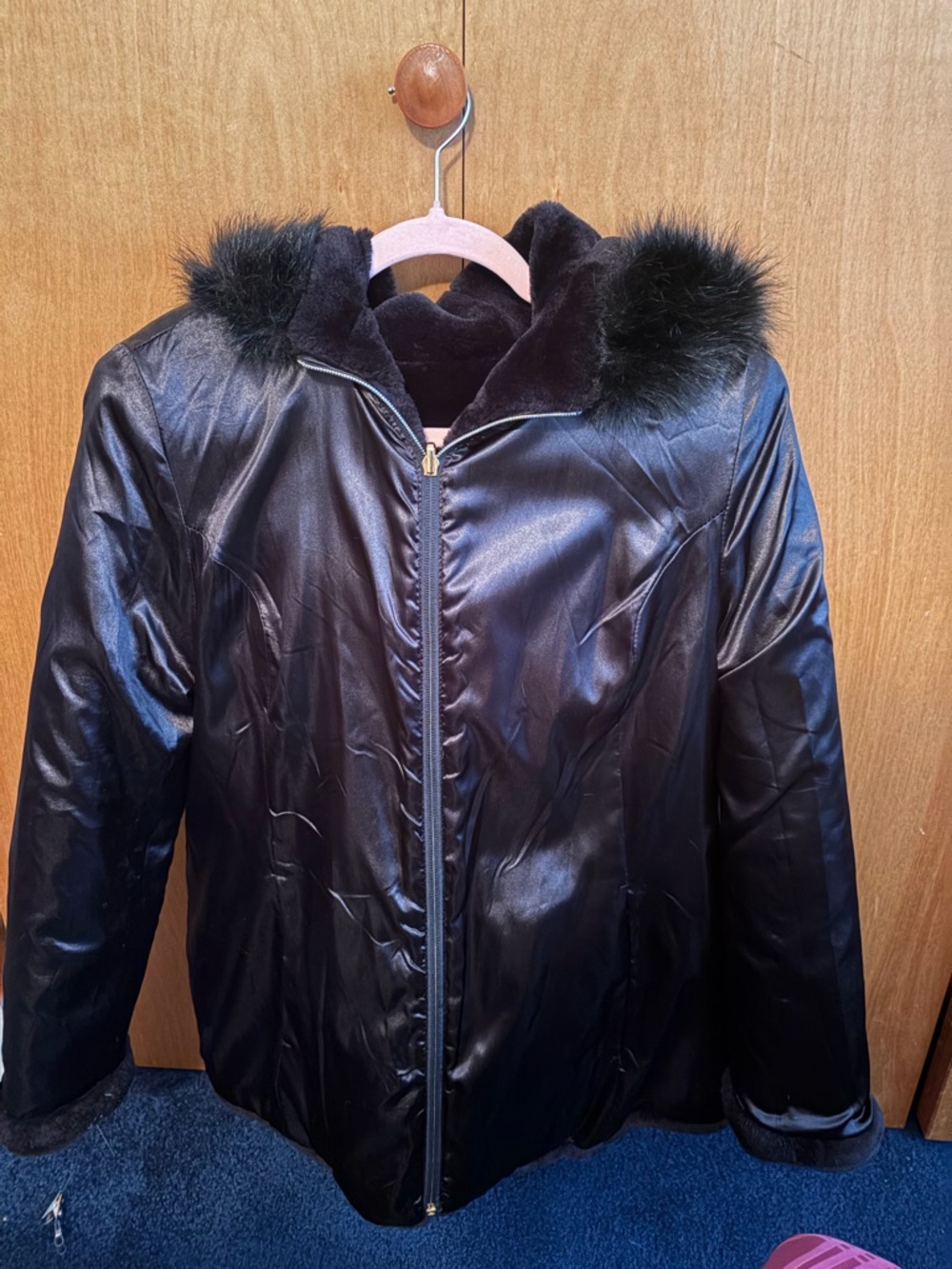 Susan Graver Black Faux fur /shiny reversible  Jacket with faux Fur-Trim Hood